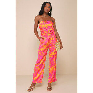 Lulus Instinctive Glam Pink And Orange Floral Straight Leg Pants - Size M